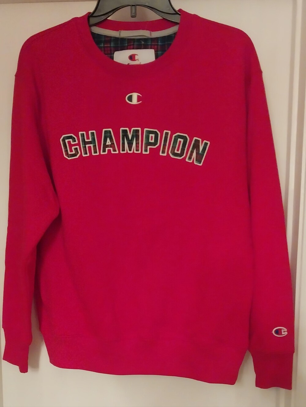 Champion Red Holiday Plaid  Crewneck Sweatshirt with Logo